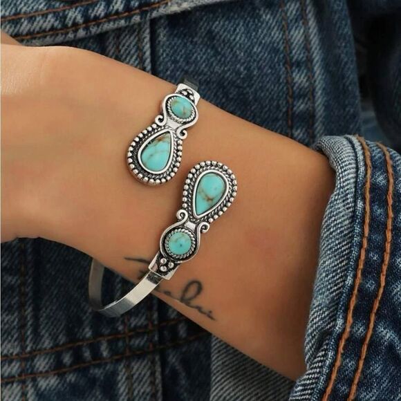Western Fake Turquoise Stone Antique Cuff Bangle Bracelet - Picture 4 of 9